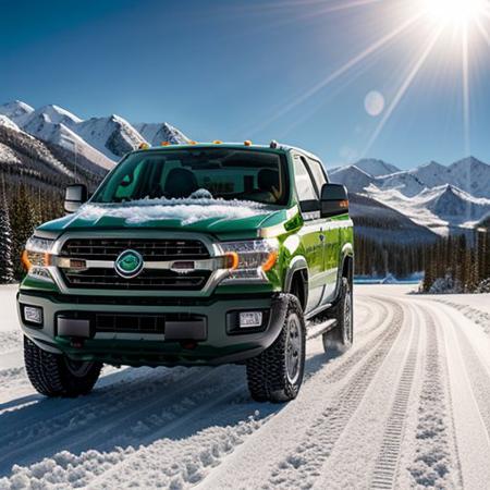 a bright green truck is driving on a snowy road, it is snowing, the sun is shining brightly, there is a frozen lake and snow-capped mountains in the background, high quality, masterful image, high detail, photography, realistic image