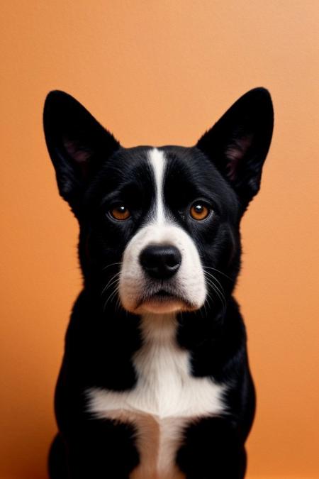 A close-up minimalist illustration of a black dog with striking yellow-orange eyes peeking from behind an orange wall. The artwork features smooth, clean lines and a subtle texture, emphasizing the cat's playful expression. The creamy beige background complements the orange accent, creating a harmonious and modern aesthetic.