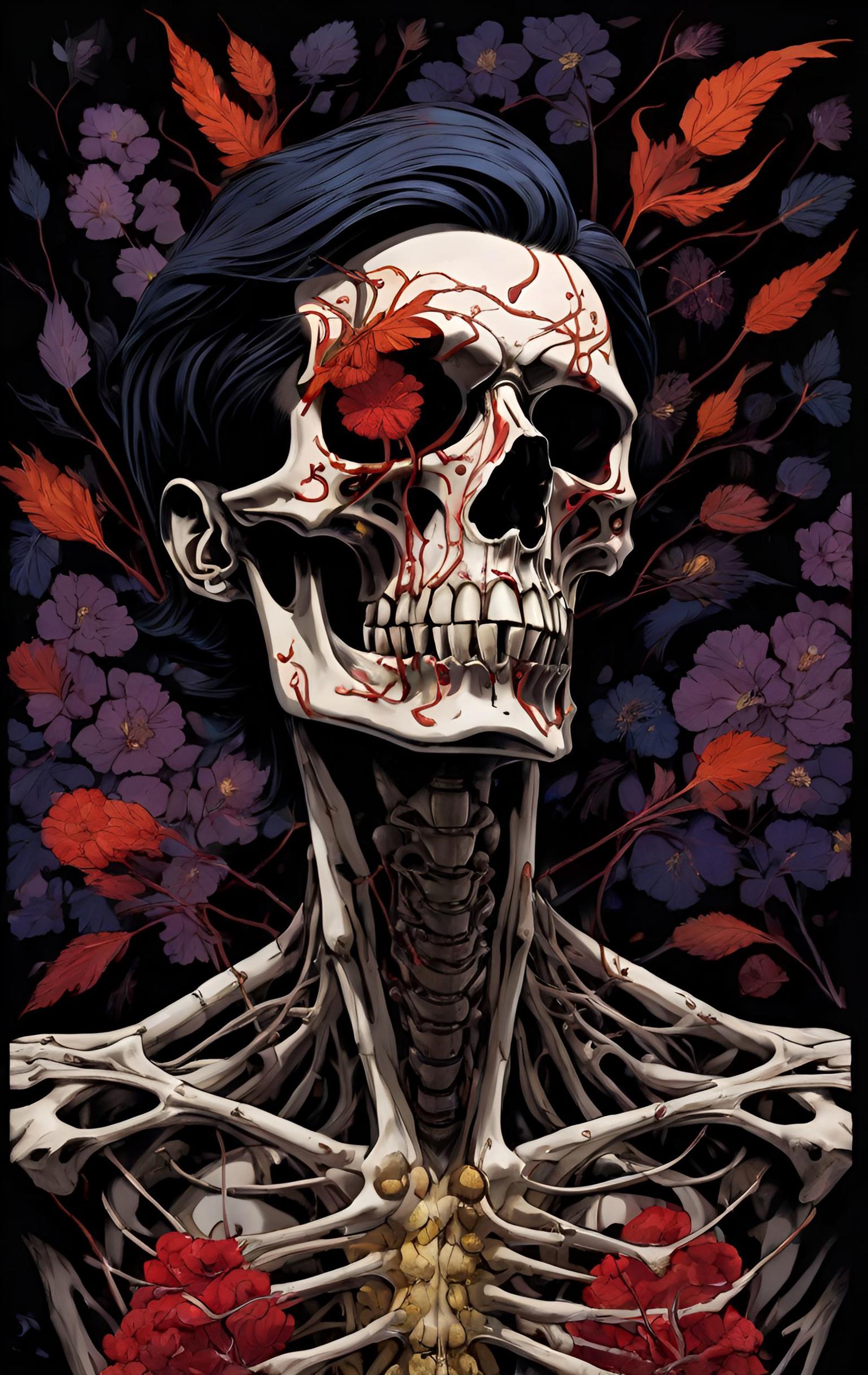 A skeleton with a flower in its skull and surrounded by leaves.