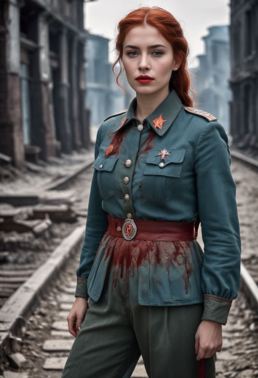 Beautiful Soviet woman soldier in WWII style, Intricately Designed Soviet brown military uniform, ultra-realistic body, realistic dirty face, bloody battle full of dirt and blood, fighting position, wavy red hair, Realistic blue eyes, big beautiful pupils, 8K, fire, dramatic war atmosphere, cinematic lighting