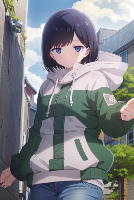 kanaichikawa, <lora:kana ichikawa s1-lora-nochekaiser:1>,
kana ichikawa, short hair, bangs, blue eyes, black hair, (ringed eyes:1.5),
BREAK jacket, hood, hoodie, hood down, drawstring,
BREAK outdoors, city, sun, sky, clouds,
BREAK looking at viewer, (cowboy shot:1.5),
BREAK <lyco:GoodHands-beta2:1>, (masterpiece:1.2), best quality, high resolution, unity 8k wallpaper, (illustration:0.8), (beautiful detailed eyes:1.6), extremely detailed face, perfect lighting, extremely detailed CG, (perfect hands, perfect anatomy),