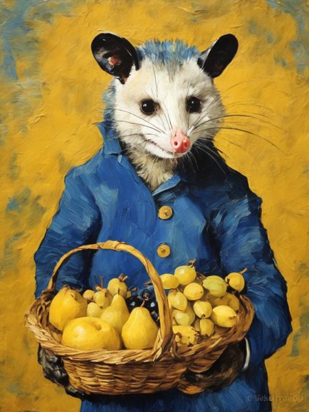 Van Gogh portrait of anthropomorphic Possum holding a basket of fruit painting, yellow ocher, Prussian blue, ultramarine,   <lora:Opossum-possum-000002:1>