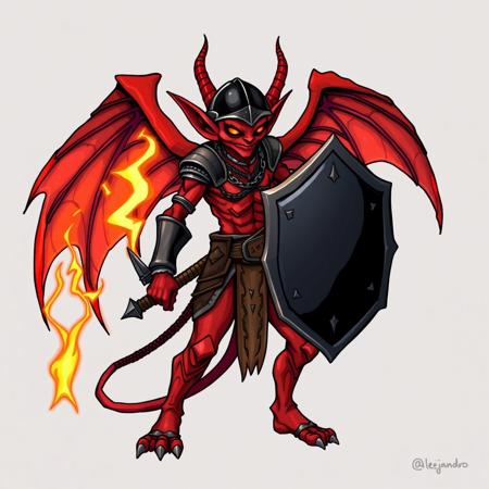 Draw Alejandro, a red goblin with angel wings. He carries a dark mirror shield in one hand and a slim, pointed obsidian sword. On his side he carries an arcing electric mace and also an orange-hot flaming sword. He wears a black helmet and chain mail.