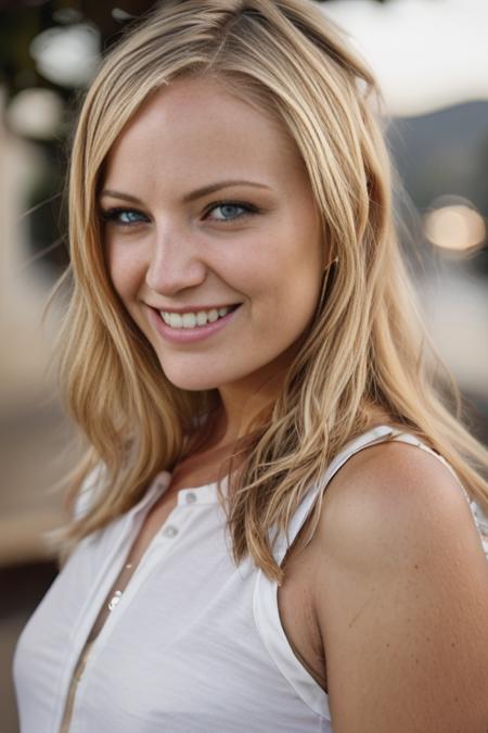 <lora:m4l1n4:0.9>, a Realistic photo of m4l1n4 woman with blue eyes and blonde Hair style, long hair, looking at viewer, blue eyes, blonde hair, teeth, grin, lips, portrait, realistic, soft lighting, professional Photography, Photorealistic, detailed eyes, RAW, analog, sharp focus, 8k, HD, DSLR, high quality, Fujifilm XT3, film grain, award winning, masterpiece