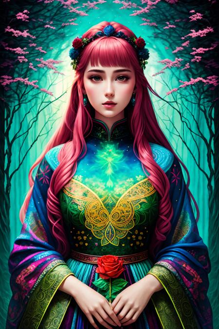 cover art, illustration, bright psychedelic portrait of a beautiful  25 year old woman wearing a paisley dress, BlacklightForestStyle, outdoor fashion editorial, (intricate details, hyperdetailed) by Zhang Jingna <lora:BlacklightForestStyle:0.8>