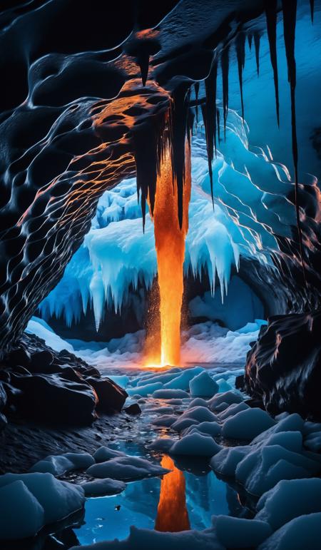 Hot thick lava flowing into a crystal blue ice cave in iceland, heat and steam fill the thick air, a mixture of fire and ice with cracks and liquid lava, (sharp focus:1.2), extremely detailed, (photorealistic:1.4), (RAW image, 8k high resolution:1.2), RAW candid cinema, 16mm, color graded Portra 400 film, ultra realistic, subsurface scattering, ray tracing, (volumetric lighting), extreme contrast, intricate details, reflections on ice, reflections on water, water pouring down
