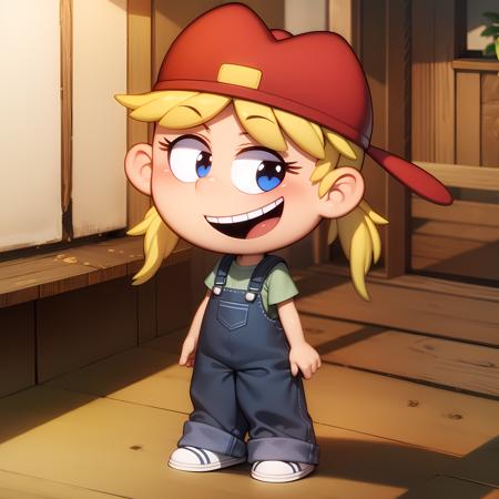 ((masterpiece, best quality)),(complex light), 1girl ,solo, full body, Lana Loud,   <lora:Lana_Loud1-10_3:0.8>,overalls,red headwear, smile,missing tooth,