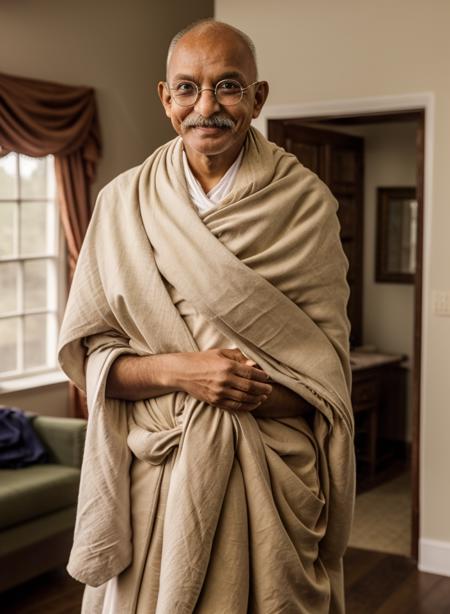 mahgahi1 solo, looking at viewer, smile, gloves, 1boy, upper body, male focus, glasses, indoors, facial hair, own hands together, robe, realistic, mustache, bald, old,