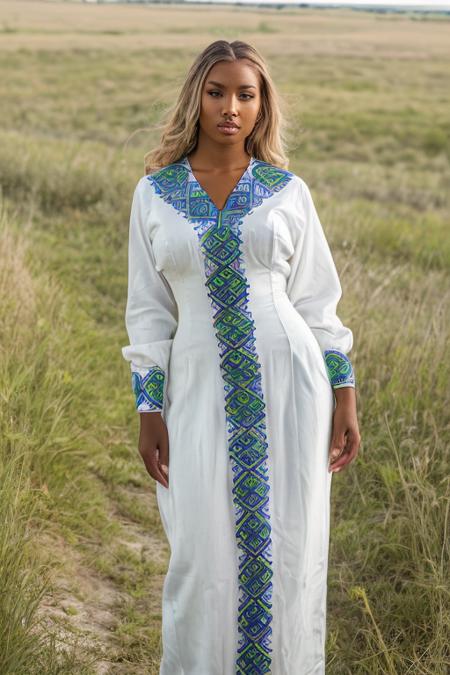 masterpiece, best quality, portrait of meganv1 wearing  a white kemis with blue and green designs on it in a tallgrass prairie , Canon EOS 5D Mark IV <lora:detail_slider_v4:1> <lora:meganv1:.5> <lora:habeshaq:.7>