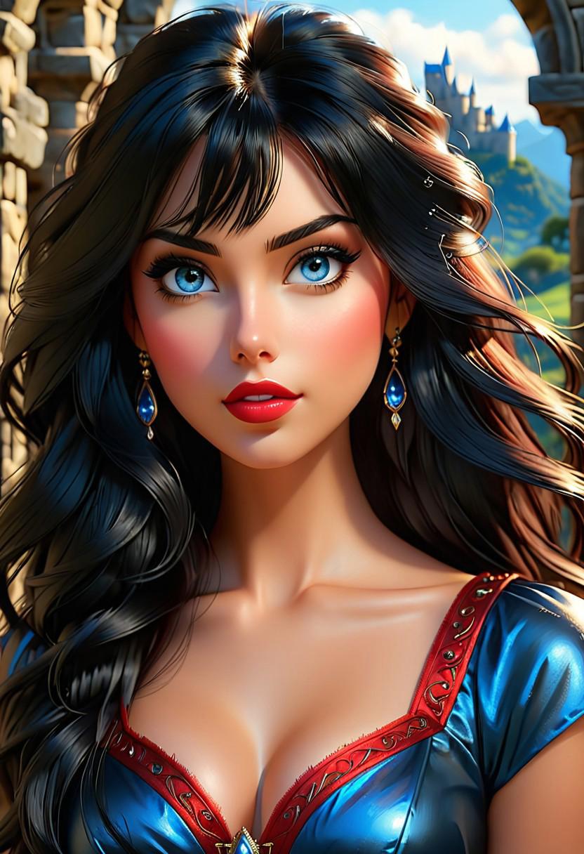 score_9, score_8_up, score_8, score_7_up, thin, score_7, rating_explicit,masterpiece, best quality, ultra photorealistic, , 8K, uhd, 1girl, long black hair, (colored skin, pale skin, red dress), beautiful, ultra photorealistic , extremely detailed eyes and face, beautiful detailed nose, beautiful detailed eyes, long eyelashes, light on face, (looking at viewer), realistic face, ultra realistic body, beautiful detailed thigh, perfect eyes,(shiny skin:1.1), black hair, perfect hands, blue eyes, very long messy hair, long bangs, on fantasy castle, landscape fantasy dungeon, close up face, princess dress