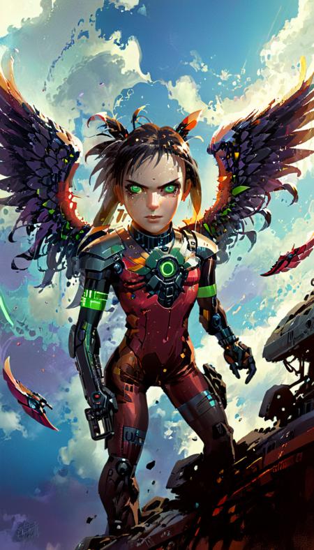 Colorful cyberpunk, wings, science fiction, fantasy, extremely beautiful piercing eyes, cinematic scene, hero view, action pose, scenery, detailed background, masterpiece, best quality, high quality, intricate, absurdres, very detailed, high resolution, 8k, vivid colors, epic, elegant, Greg Rutkowski, Toni Infante, Mike Deodato, Studio Ghibli, Sillage <lora:greg_rutkowski_xl_v3:1> <lora:toni_infante_xl_v3:1> <lora:mike_deodato_xl_v1:1> <lora:studio_ghibli_xl_v2:1> <lora:sillage_xl_v1:1> <lora:neg4all_bdsqlsz_xl_V7:1> <lora:DetailedEyes_V3:1> <lora:xl_more_art-full_v1:1>