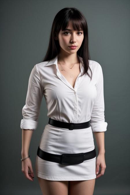 score_9, score_8_up, score_8, 1girl, solo, perfect face, light blue eyes, boot heels, formal white shirt, black skirt, cowboy shot, small breasts, long black hair, red highlights, elegant ponytail, bracelet, necklace, parted bangs, hand on hip, refined, volumetric lighting, cinematic lighting, blurry background, close up
