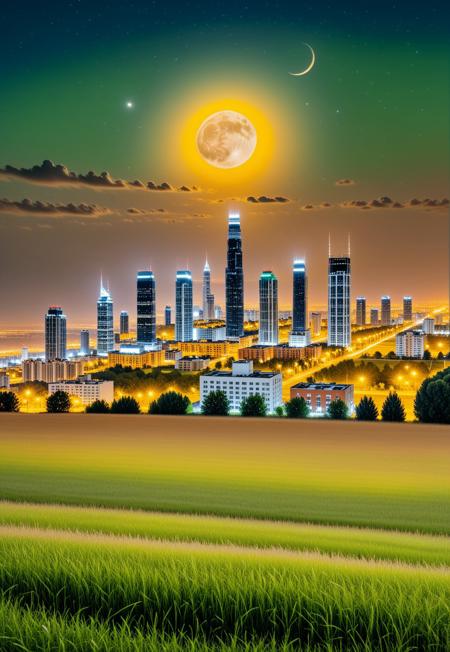 a huge hilly field covered with grass with partially clayey inclusions, green and brown boxes are visible very far away, also behind the hills narrow black skyscrapers with white windows with a yellowish tint are visible, green and brown boxes are visible far away, a dimly lit and dull black building with an orangish glow from sunset, you can see a small white bright advertisement with incomprehensible outlines, black skyscrapers with light yellow windows topped with metal structures standing right in the middle of the field reflect the light of the moon, in the distance you can see small two-story buildings with very small windows and a chimney, a little closer near the skyscrapers you can also see small two-story buildings buildings with very small windows and a chimney, not all skyscrapers are topped with metal structures, the sky on the horizon is from dark red to yellowish which sees off the departing sun, the moon is on the opposite side, the sky is soft blue topped by the moon on the opposite side of the sun, and a few stars, clouds light white very transparent barely visible,