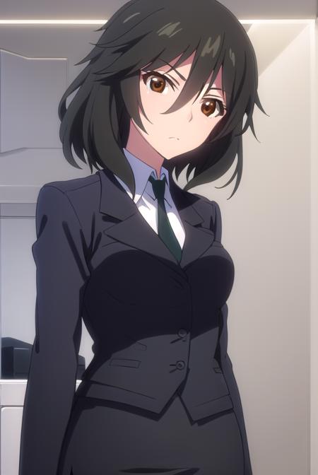 chifuyuorimura, <lora:chifuyu orimura s2-lora-nochekaiser:1>,
chifuyu orimura, long hair, bangs, black hair, hair between eyes, (brown eyes:1.3),
BREAK skirt, shirt, long sleeves, jacket, white shirt, necktie, black skirt, black jacket, formal, suit, black necktie, pencil skirt, skirt suit,
BREAK indoors, classroom,
BREAK looking at viewer, (cowboy shot:1.5),
BREAK <lyco:GoodHands-beta2:1>, (masterpiece:1.2), best quality, high resolution, unity 8k wallpaper, (illustration:0.8), (beautiful detailed eyes:1.6), extremely detailed face, perfect lighting, extremely detailed CG, (perfect hands, perfect anatomy),