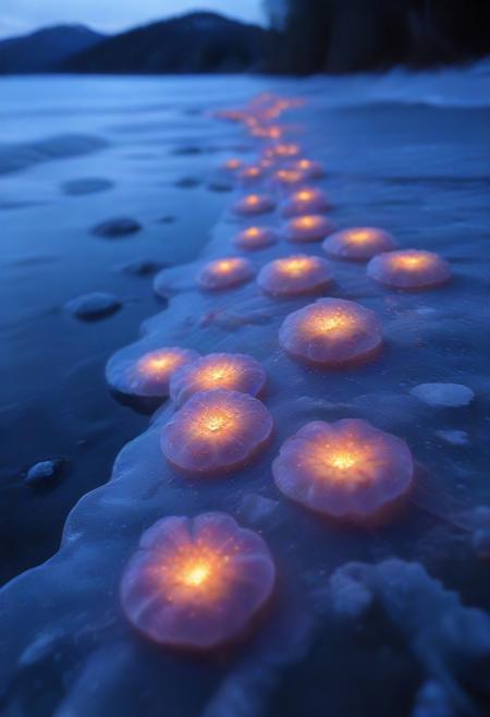 detailed background, (score_9, score_8_up, score_7_up), masterpiece, best quality, high quality, ultra detailed, glowing flowers on the ice of a lake, realis fantasy image, vibrant lights and colors