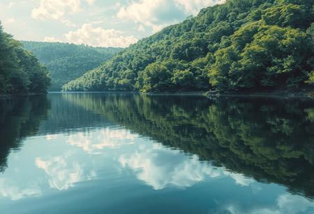 "Create a serene landscape where one-third of the scene is occupied by a calm, reflective water surface. The remaining two-thirds should be filled with a dense, lush forest. The water should mirror the trees and sky, with clear reflections. The forest is vibrant with greenery, and there should be a natural transition between the water and the trees. The sky above is bright, with soft clouds scattered across it. The perspective is from the edge of the water, looking out across the forest and sky, with no waterfall visible."<lora:MoriiMee_Gothic_Niji_Style_FLUX:0.3500000000000001> <lora:AsirAsianPhotographyflux:0.7000000000000002>