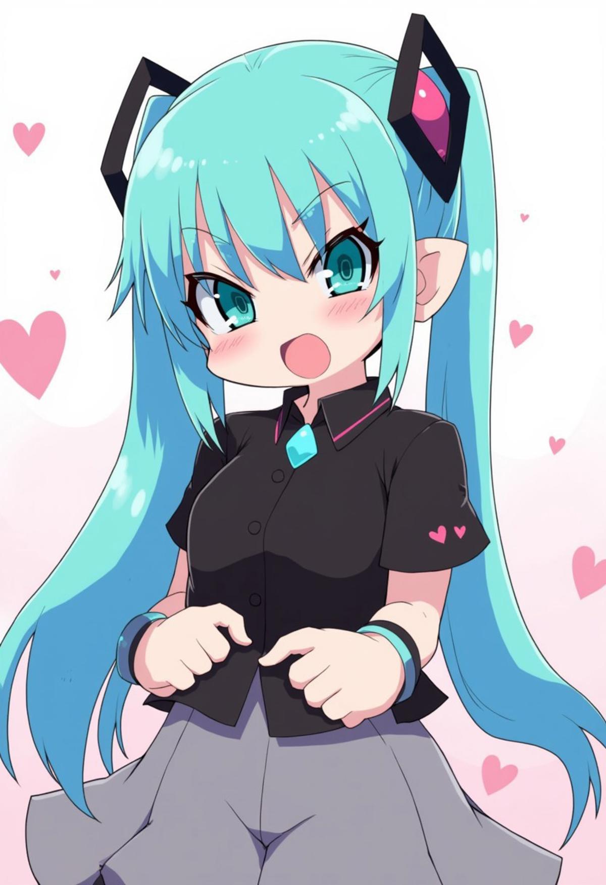 zankuro, medium breasts, smile, smug, 1girl, long hair, aqua hair, twin tails, miku hatsune, black shirt, upper body, grey skirt, hearts,