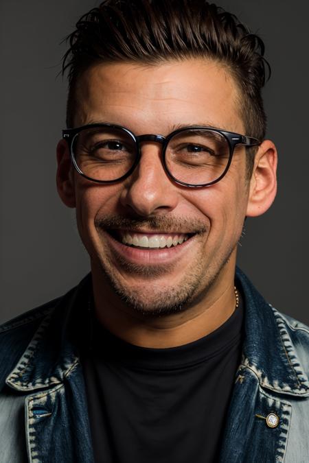 (8k, RAW photo, highest quality), FrancescoGabbani, (smile:1.2), close up, glasses, beard, (detailed eyes:0.8), defiance512, (looking at the camera:1.4), (highest quality), (best shadow), intricate details, interior, dark studio, muted colors <lora:FrancescoGabbaniLora:1>