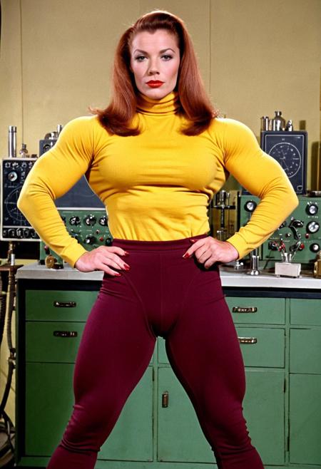 1940s vintage retro, Lois Lane DCU, female bodybuilder woman, very tall, large big enormous gargantuan, extremely buff muscle beefy muscular ripped muscled shredded muscles chopped swole fit, flexing biceps, broad shoulders, wide hips, form-fitting golden-rod-yellow cotton turtleneck long-sleeved t-shirt, tight hip-hugging burgundy-maroon slacks trousers pants, in a mad scientist's lab laboratory, perfect photo, highly detailed, best quality, fine details, coherent face, full body shot, standing, technicolor film still screencap, kodachrome photograph