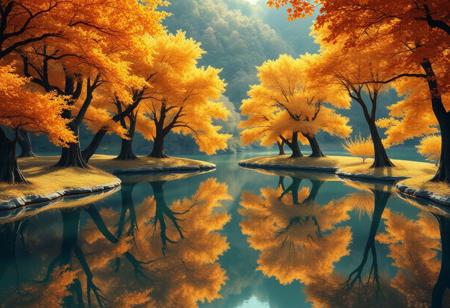 Stunning detail reflection of golden and orange katsura trees around a natural round lake, autumn, realistic, wide shot, art style of Studio Ghibli, magical, whimsical atmosphere, vibrant colors, beautifully lit, serene landscape