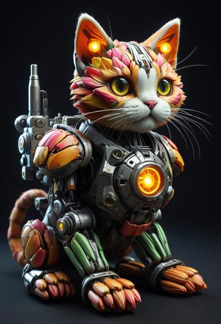 (((score_9, Score_8_up, score_7_up))), female cyberpunk Cute kitten made of tulips, battle-worn mech robot designed for a futuristic combat game. The mech should have heavy armor plating, with visible joints and glowing power cores. Include weapons mounted on its arms, such as missile launchers and a plasma cannon. The design should showcase mechanical details, rust, and dents to emphasize its use in combat, with glowing rgb lights indicating its power source is enable