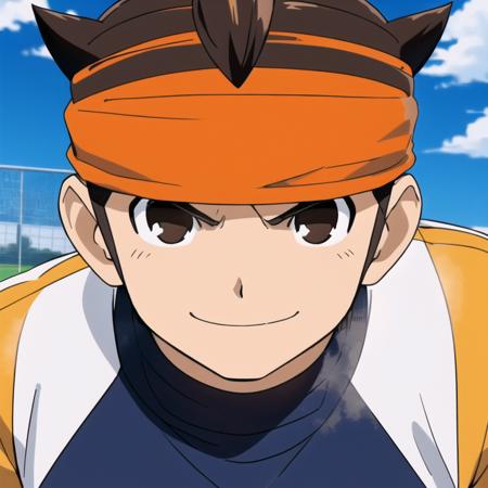 <lora:Mark Evans:0.75>,1boy,mature boy,smile,Mark Evans,head band,orange football uniform,gloves,goalpost,rage face,squating,keeper gloves,brown eyes,soccer field background