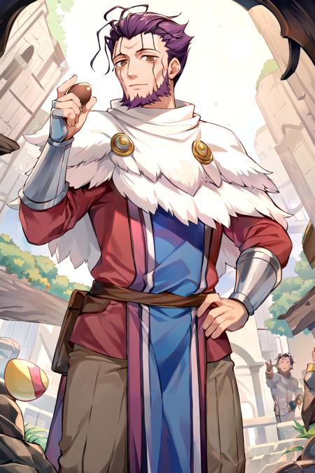 1boy, skinny, mature male, <lora:wazukyanSageMadeInAbyss:1>, wazukyansage, brown eyes, purple hair, facial mark, looking at viewer, hand on hip, hand up, holding egg, egg, giant egg, golden egg, vambraces, tabard, capelet,, Masterpiece, best quality, Masterpiece, best quality, Masterpiece, best quality, Masterpiece, best quality, Masterpiece, best quality, Masterpiece, best quality