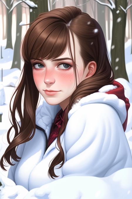 a portrait of a woman in snow, blush face