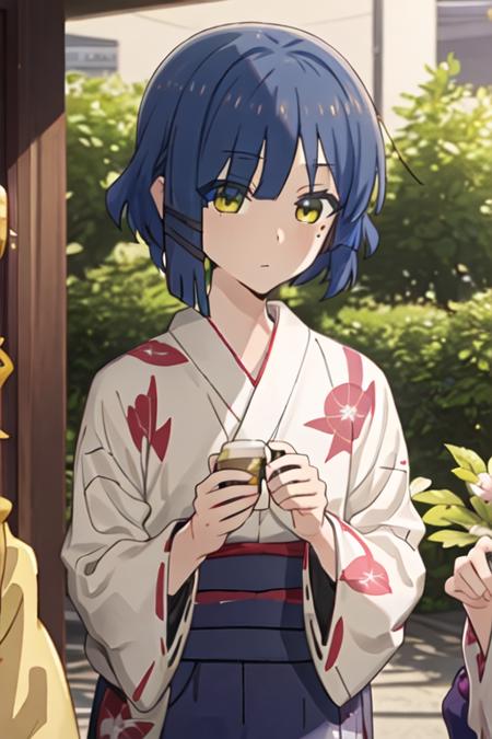 best quality, masterpiece, highres, solo, {yukata:1.40}, {kimono:1.20}, {yamada_ryo_bocchitherock:1.15}, blue_hair, short_hair, bangs, mole_under_eye, mole, yellow_eyes, hair_ornament, closed_mouth, hairclip