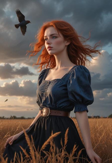 masterpiece, high resolution, dark red hairs, looking to the side, dutch angle, absurdres, 8k, high detail, intricate, best quality, orange grass, sunset, young woman, long hair, blue eyes, dress, short sleeves, red hair, outdoors, sky, puffy sleeves, belt, cloud, black dress, lips, bird, wind, freckles, realistic, field, photorealistic, hyperrealistic art, extremely high-resolution details, photographic, realism pushed to extreme, fine texture, incredibly lifelike, hard light