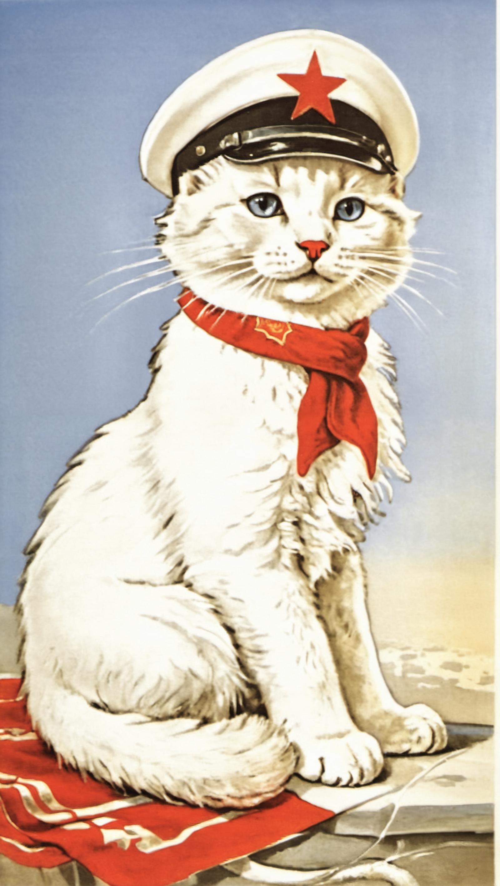 A white cat wearing a red bow tie and sits on the ground.