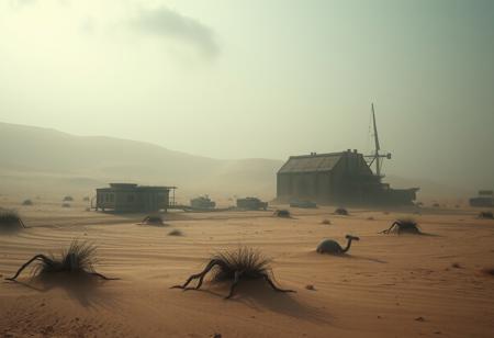apocalyptic landscape, top hard light, sand environment, mystic, highly detailed, melancholic, masterful photography, ultra detailed