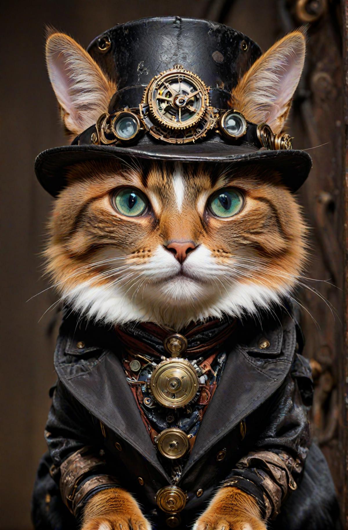 A cat wearing a hat with gears on it, standing in front of a wooden wall.