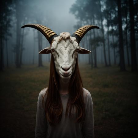 portrait photo of a human with a goat head with big horns, dark woods in the background, ((human body with a goat head)), fog, volumetric, bokeh, night photo