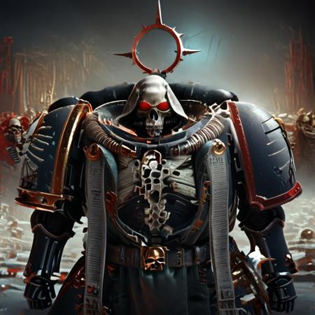 sfw, score_9, score_8_up, score_8, score_7_up, score_7,cinematic dramatic color style,ImperialF40k, 1boy, armor, shoulder armor, hood, skull, mask, red eyes, glowing eyes, robe, boneswm, wh40k10m, Imperium of Man location, background, warhammer style