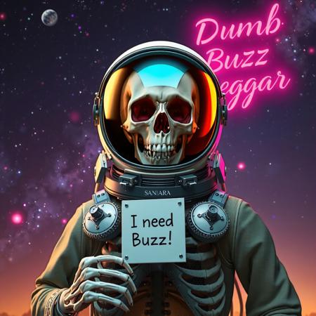 masterpiece, intricate photo realistic photo, realistic outer space skull astronaut in astronaut suite with helmet and transparent visor holding in the skeleton hand a small white sign on which is written "I need Buzz!", background outer space, stars, galaxies, nebulae, in the sky is written in neon letters "Dumb Buzz Beggar", as realistic as possible, hyper realistic, highly detailed, sharp focus, dusk and dawn of technology, dark art, gothic art, cyberpunk style, best quality, high resolution, colorful, vibrant colors, studio lighting, high quality image, no wrong proportions, 8K