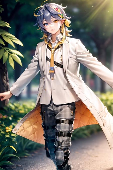 (extremely detailed CG unity 8k wallpaper), (best quality), (ultra-detailed), 1boy, asterarc, standing, looking at viewer, <lora:asterarcadia:0.9>, smiling, shirt, hair ornament, jewelry, long white jacket, plaid pants, tie, heterochromia, beautiful green park background, walking