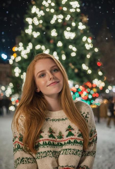 cinematic photo, photo of a gorgeous 21 y.o woman, green eyes, strawberry blonde hair, long straight hair, happy, cheery, wearing a christmas sweater, wearing a christmas hat, (looking at a giant christmas tree:1.2), on a big city square, at night,  snow, natural skin, skin moles, skin pores, goosebumps, high detailed, (cinematic, film grain:1.1)