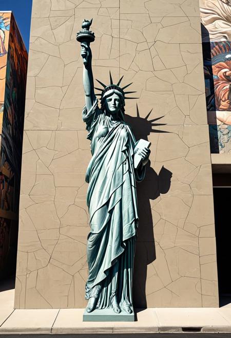 masterpiece art, tall highrise housing, the projects highrise, front view of beige color flat concrete wall with (colossal mural painted on wall:2.0), (hyper realistic painting of the Statue of Liberty also known as Lady Liberty:2.0), she is standing tall, wearing a her famous robe with beatiful intricate creases, though this image of her has been modified with alterations, she has black gaffer tape or black duct tape covering her eyes (see no evil), she has placed her beautiful hands with elegant fingers covering her ears on either side of head (hear no evil), she has black gaffer tape or black duct tape covering her mouth so she cannot speak (speak no evil), 2 feet visble, she has dropped the torch and the torch has fallen outside of the wall and onto the street below, the famous Liberty torch with a short handle is lying on it's side on the ground, surrounding the fallen torch are cracks in the street, with long shadows casted. ArsMJStyle, Colored pencil hyperdetailed realism, in the style of tim doyle,  solarizing master, agustín fernández, poster art, Smooth Quality