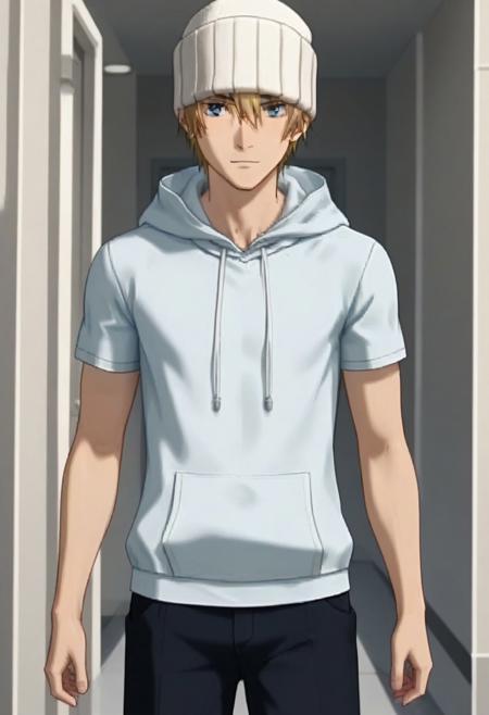 Kazuma Mikura blonde hair blue eyes white beanie hoodie