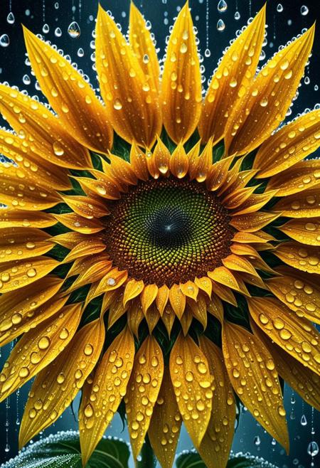 High contrast, colored, graphic novel illustration, 
extreme close up of a happy sunflower, 
dew drops, water droplets, 
tearStyle, tearStyle2,
blurry background, dynamic angle, 
masterpiece, best quality, highres, hyper detail, 8k resolution, realistic, life like, detailed, extreme detail,