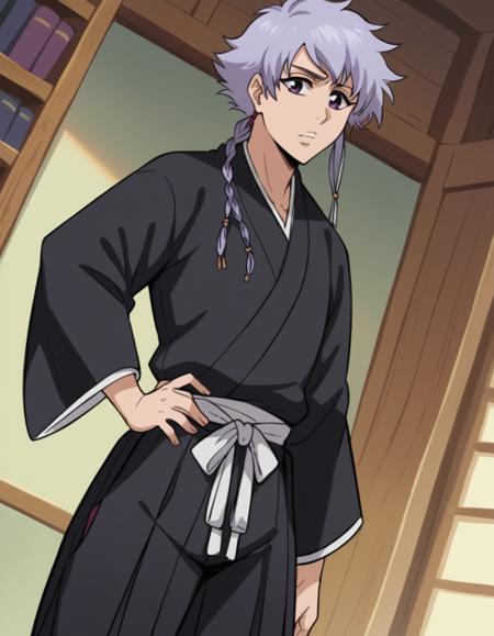 <lora:isane-kotetsu-anime-ponyxl-lora-nochekaiser:1>, isane kotetsu, short hair, braid, purple hair, purple eyes, hair braid, long sleeves, japanese clothes, kimono, haori, black kimono, hakama, black hakama,