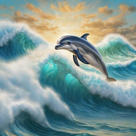 dolphin on the crest of a foamy wave, 
ultra-realistic digital painting, 
golden ratio. All details are clearly drawn, 
wave, 
dolphin, 
eyes, 
foam