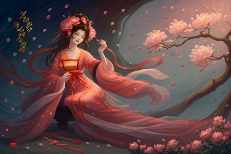 gufeng, 1girl, flower, solo, hair ornament, long hair, branch, sitting, dress, hair flower, holding, chinese clothes, tree, holding flower, petals, brown hair, full body, hanfu, falling petals, long sleeves, ribbon, pink dress, black hair, red lips, red eyes
<lora:gufeng-000014:1>