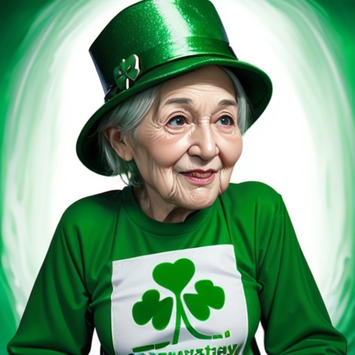 old woman, <lora:Saint_Patrick's_Day:0.5>, green hat, St Patrick's Day, SPDC, realistic,  shamrock, green water, long sleeves