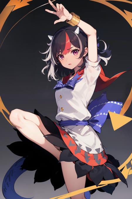 masterpiece,highres,best quality,1girl,solo,<lora:seija-Wasabiya:1>,kijin seija,horns,streaked hair,dress,(arrow (symbol) :1.5),bow,short sleeves,bracelet,skirt,black hair,red hair,spiral,spiral background,