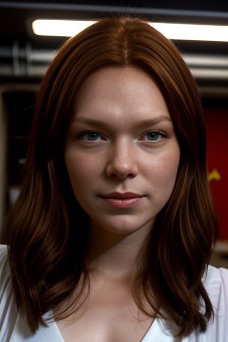 14ur4pr3p0n, red hair, green eyes, wearing 1970s clothing, surrounded by clutter, basement, vray render, ray tracing, subsurface scattering, by Josan Gonzalez and Liang Mark (upper body shot), (looking at viewer:1.3), (hyper realistic:1.3), (portrait:1.2), highly detailed eyes, (highly detailed skin:1.3), (freckles:0.6), pores, (4k), back lit, rim light, <lora:Laura_Prepon_PMv1_Lora:1.3>,