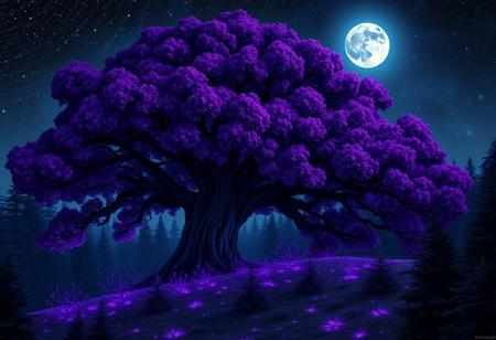 A giant oak tree, with purple-indigo leaves, on the side of a hill in a mystical forest, during night, with violet-tinted leaves of light floating around the tree. Surrounded by a forest of smaller trees. Colourful, saturated colours, dark, fantastical, bioluminescence. Moonlit night with stars and constellations