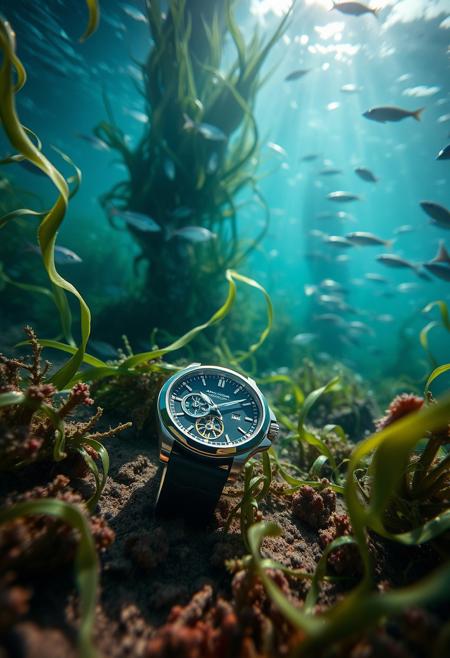 Camera captures a mesmerizing underwater scene: a sleek luxury Tourbillon wristwatch lies on the ocean floor, surrounded by undulating seaweed and schools of iridescent fish. Sunlight filters down, casting an otherworldly glow on the watch's intricate mechanisms and elegant design. Shallow depth of field isolates the timepiece, while high-contrast colors - deep blues and greens - accentuate the sense of depth and realism.