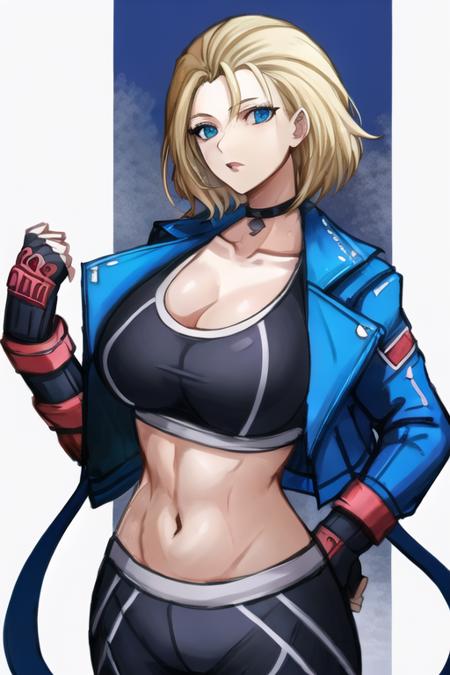 cammy white, cammy sf6,1girl ,solo , blonde hair , short hair, sports bra,open jacket , yoga pant , upper body , standing , white background , looking at viewer, portrait <lora:cammy_white:0.8>